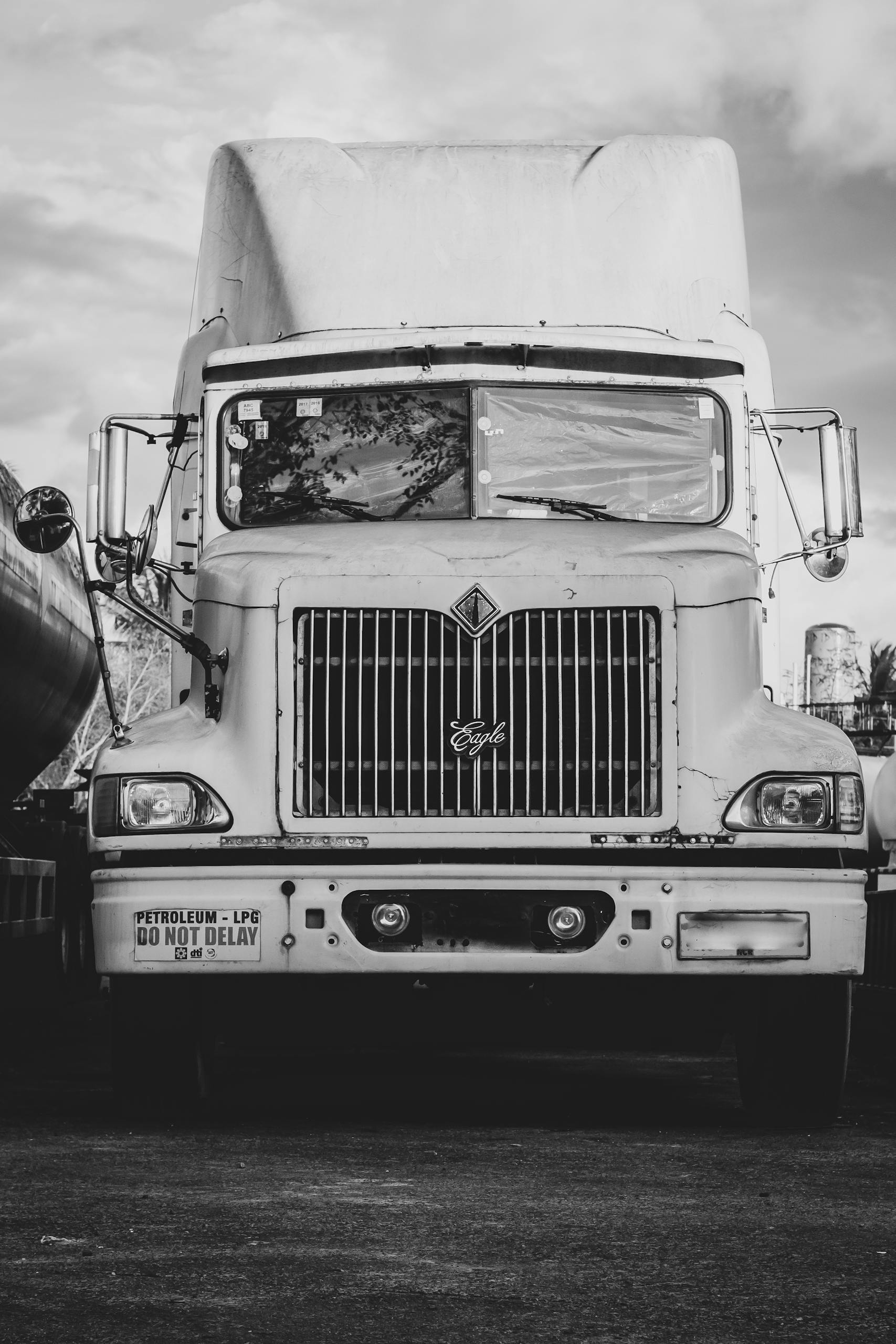 Artistic monochrome image of a parked cargo truck, showcasing the vehicle